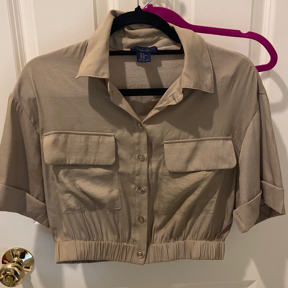 Brown cropped button up top.